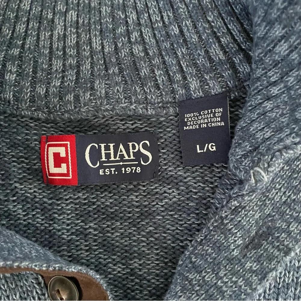 Chaps Button Mock Neck Sweater Mens Large Faux‎ Suede Elbow Patch Blue Pullover